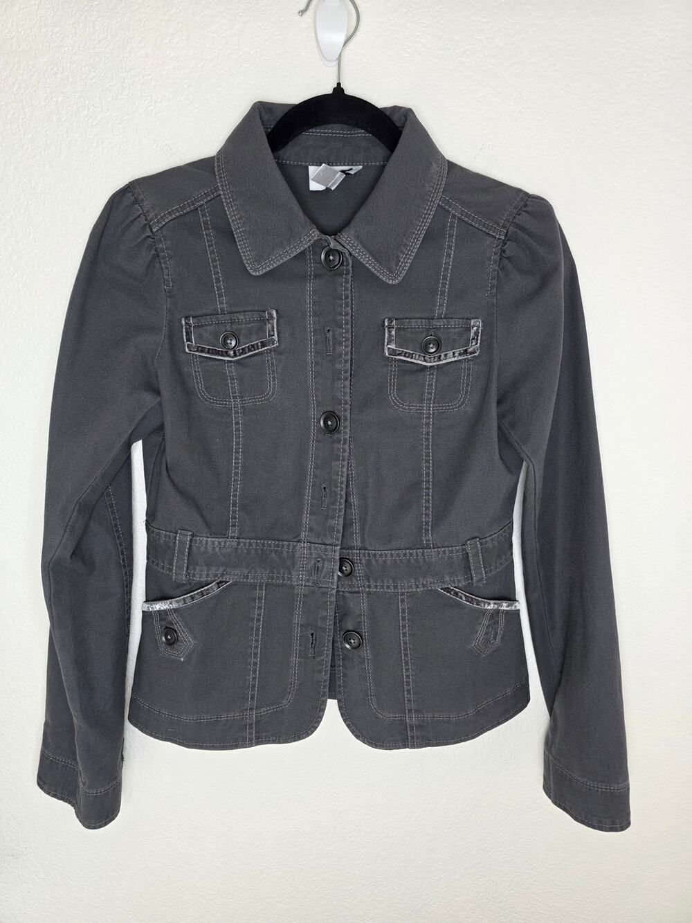 LOFT Charcoal Gray Military Utility Jacket Puff Shoulder Stretch Cotton. Size 0